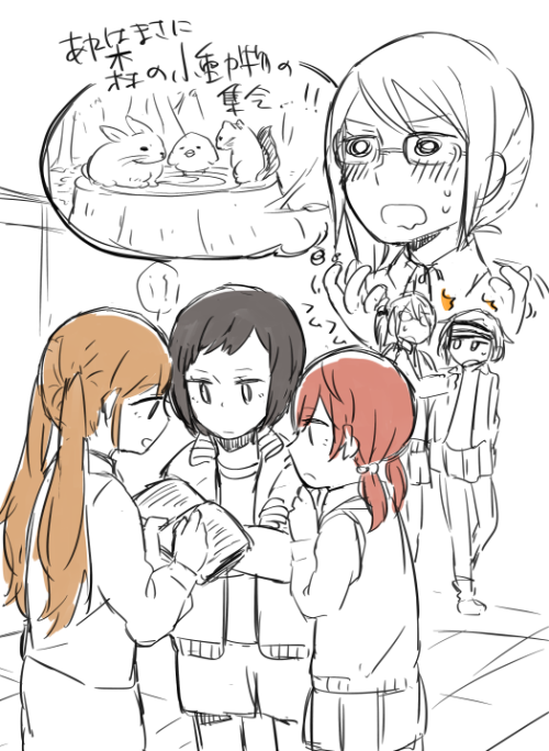 5girls bird black_hair blush brown_hair rabbit chikiso imagining koba_youka komano_hina long_hair long_sleeves low_twintails maki_seina multiple_girls okujou_no_yurirei-san open_mouth partially_colored pleated_skirt short_hair sketch skirt sonou_tsukuyo squirrel sweat tree_stump tsurugimine_kiri twintails whiskers