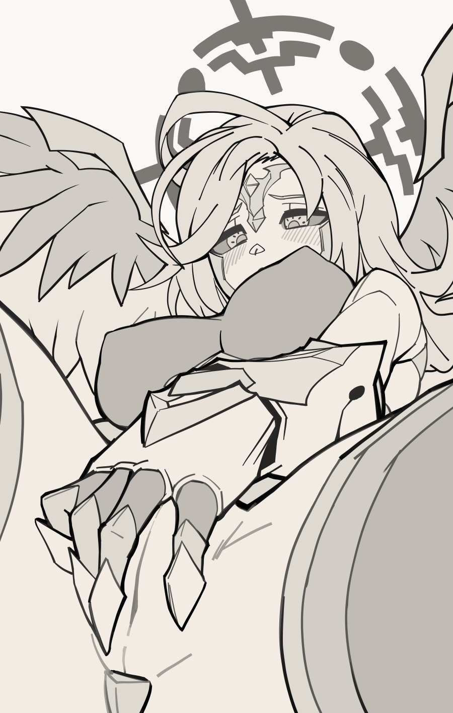 1girl 3gs between_legs breasts cleft_of_venus covered_erect_nipples durenda_(elsword) elsword feathered_wings female_focus flat_color half-closed_eyes halo hand_between_legs humanoid_robot joints large_breasts leaning_back long_hair looking_down monochrome pussy raised_eyebrows robot robot_joints sidelocks sitting solo spread_legs wings