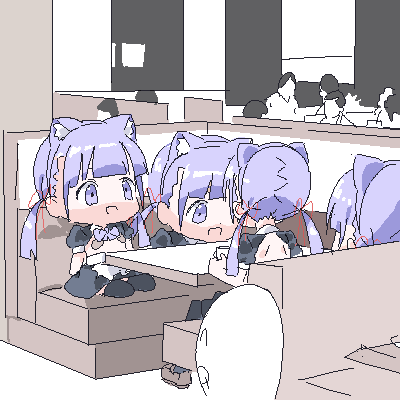 1boy 1girl ^_^ ^q^ animal_ear_hairband animal_ears apron bandaid bandaids_on_nipples black_skirt black_sleeves black_thighhighs blunt_bangs bow bowtie brown_footwear cat_ear_hairband cat_ears character_doll closed_eyes facing_away fake_animal_ears hair_ribbon hairband indoors lokulo-chan_(lokulo_no_mawashimono) lokulo_no_mawashimono long_hair low_twintails lowres oekaki original oversized_object pasties people puffy_short_sleeves puffy_sleeves purple_bow purple_bowtie purple_hair red_ribbon reference_request restaurant ribbon shoes short_sleeves shrug_(clothing) skirt thighhighs topless_female twintails waist_apron white_apron