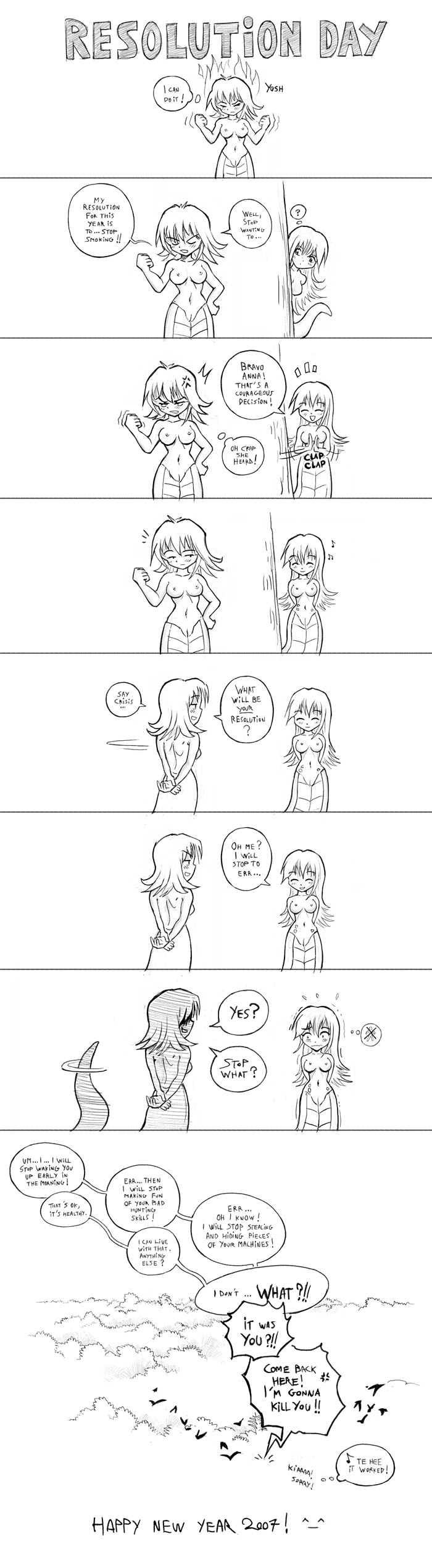 2girls absurdres anna_(karbo) casual_nudity clapping crisis felarya highres karbo lamia monochrome monster_girl multiple_girls nipples nude pussy