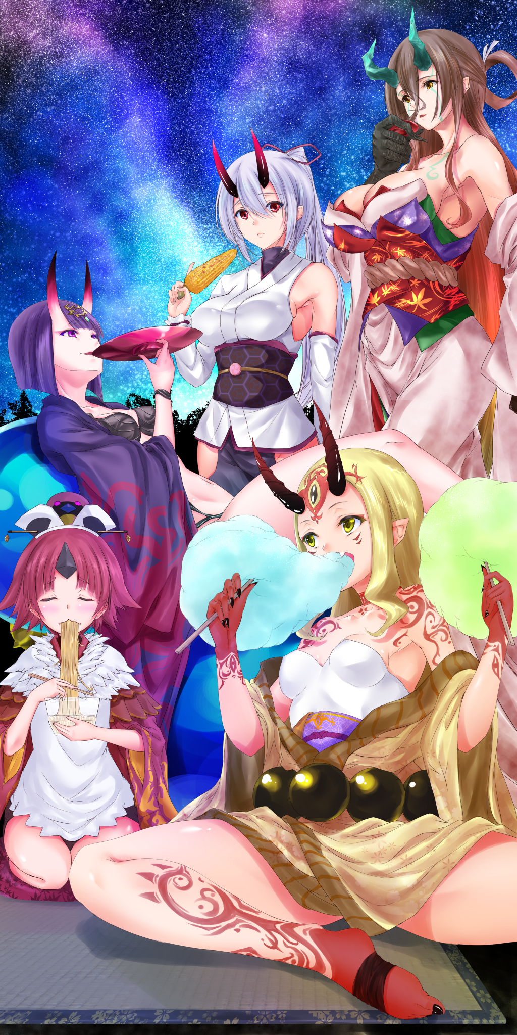 5girls armpits bare_shoulders barefoot beni-enma beni-enma_(first_ascension) black_bra black_nails blonde_hair bra breasts brown_eyes brown_hair chest_tattoo closed_eyes collarbone commentary_request corn cotton_candy cup detached_sleeves drinking eating facial_tattoo fang fate/grand_order fate_(series) food hair_between_eyes hat highres holding holding_cotton_candy holding_food horns ibaraki_douji_(fate) japanese_clothes kijo_kouyou_(fate) kijo_kouyou_(third_ascension)_(fate) kimono large_breasts long_hair looking_at_viewer maho_(yakimorokoshi) multiple_girls nail_polish noodles off_shoulder oni purple_eyes purple_hair purple_kimono red_eyes sakazuki short_hair shuten_douji_(fate) silver_hair single_detached_sleeve skin-covered_horns sky small_breasts star_(sky) starry_sky tattoo tomoe_gozen_(fate) underwear white_kimono yellow_eyes
