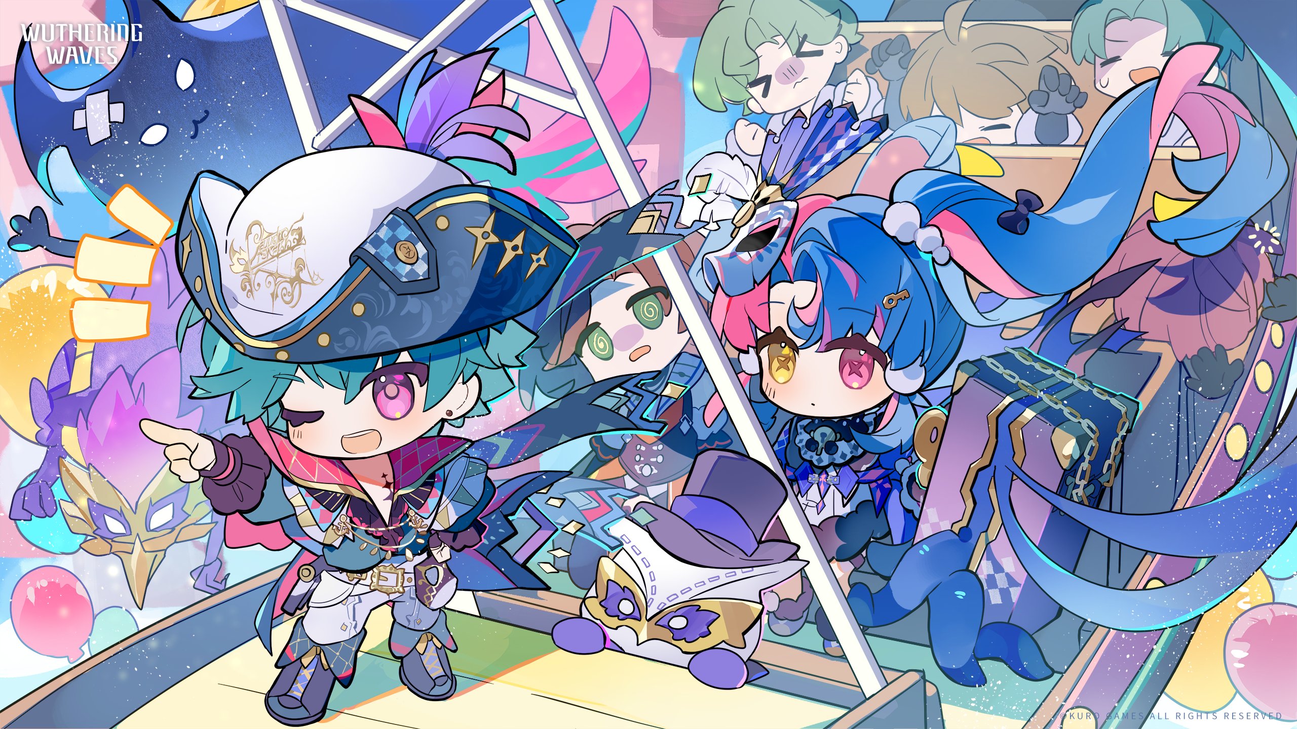 1boy 1girl black_collar blue_hair blue_shirt brant_(wuthering_waves) chibi chibi_only collar commentary english_commentary eye_mask hat hat_feather heterochromia highres key_hair_ornament long_hair mask mask_on_head multicolored_hair official_art one_eye_closed open_clothes open_mouth open_shirt pants people pero_(wuthering_waves) pink_eyes pink_hair pointing pointing_forward purple_eyes roccia_(wuthering_waves) shirt short_hair smile standing suitcase symbol-shaped_pupils tacet_discord_(wuthering_waves) tacet_mark_(wuthering_waves) tricorne twintails two-tone_hair white_pants wuthering_waves x-shaped_pupils yellow_eyes