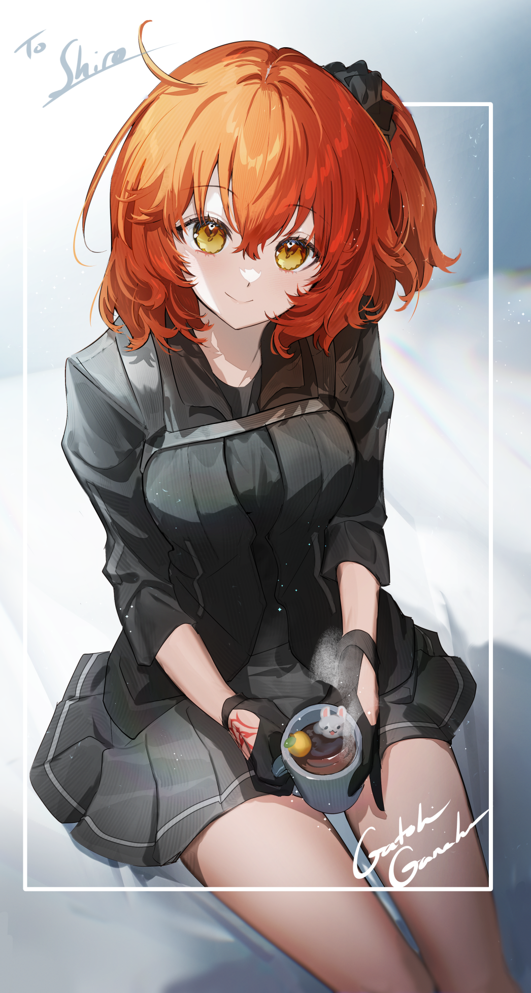 1girl ahoge black_gloves black_jacket black_scrunchie breasts coffee_mug command_spell cup fate/grand_order fate_(series) fujimaru_ritsuka_(female) fujimaru_ritsuka_(female)_(polar_chaldea_uniform) galibo gloves grey_skirt hair_ornament hair_scrunchie highres jacket looking_at_viewer medium_breasts mug one_side_up orange_eyes orange_hair scrunchie short_hair short_sleeves sitting skirt smile solo thighs