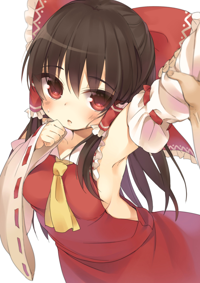 1girl :o arm_grab armpits ascot black_hair blush bow breasts detached_sleeves hair_bow hair_tubes hakurei_reimu image_sample long_hair medium_breasts mirei naver_sample red_bow red_eyes red_skirt ribbon-trimmed_sleeves ribbon_trim sideboob sidelocks simple_background skirt solo_focus sweatdrop touhou vest white_background