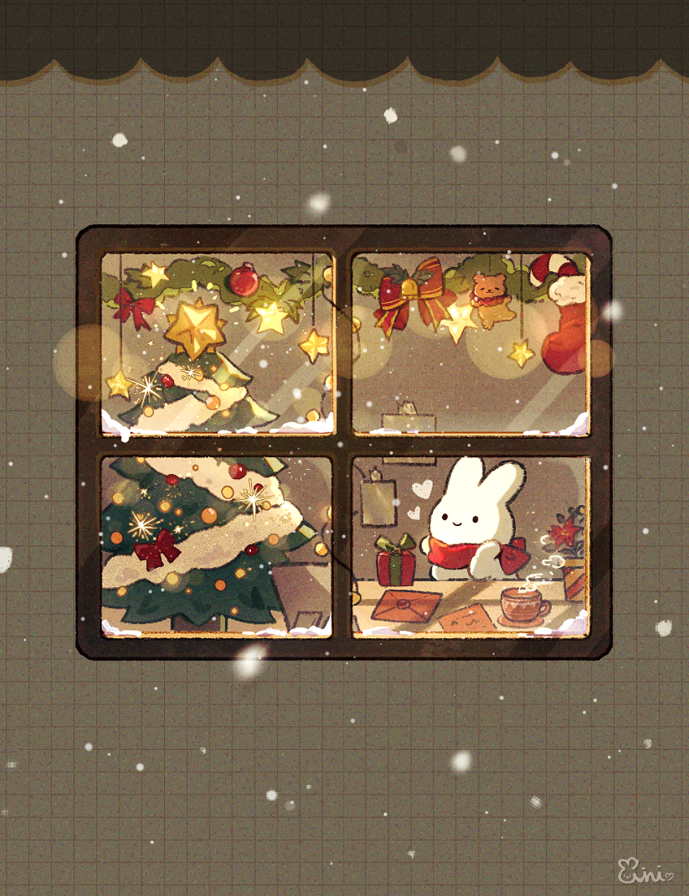 animal bow box rabbit candy candy_cane christmas christmas_ornaments christmas_stocking christmas_tree closed_mouth cup danby_merong food from_outside gift gift_box heart highres no_humans original red_bow red_scarf saucer scarf signature smile snowing solid_circle_eyes star_(symbol) steam window
