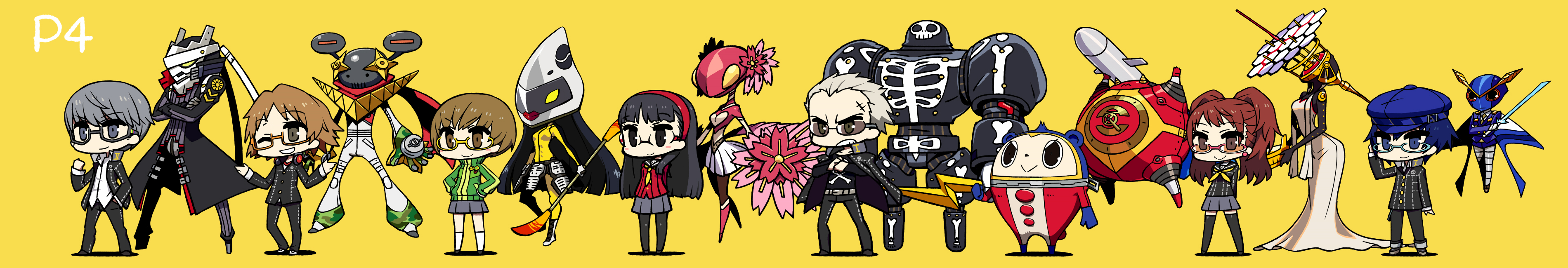 4boys 4girls absurdres amagi_yukiko arms_behind_back atlus black_eyes black_hair black_legwear blonde_hair blue_eyes blue_hair brown_eyes brown_hair chan_co chibi clenched_teeth everyone glasses grey_eyes grey_hair grin hanamura_yousuke hands_on_own_hips hat highres himiko_(persona_4) izanagi_(persona_4) jacket jacket_on_shoulders jiraiya_(persona_4) kintoki-douji konohana_sakuya_(persona) kujikawa_rise kuma_(persona_4) long_hair long_image multiple_boys multiple_girls narukami_yu pantyhose persona persona_4 satonaka_chie school_uniform serafuku shirogane_naoto short_hair shrugging simple_background smile standing sukuna_hikona take-mikazuchi tatsumi_kanji teeth thighhighs tomoe_(persona_4) wide_image yellow_background