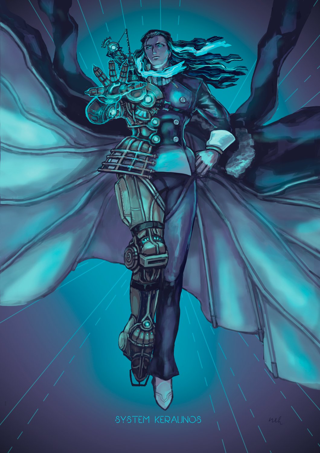 1boy black_coat black_hair blue_eyes blue_hair coat fate/grand_order fate_(series) full_body fur-trimmed_coat fur_trim gloves gradient_hair hair_slicked_back highres long_hair long_sleeves looking_at_viewer male_focus mechanical_arms mechanical_legs multicolored_hair nihmiu nikola_tesla_(fate) single_mechanical_arm single_mechanical_leg solo white_gloves