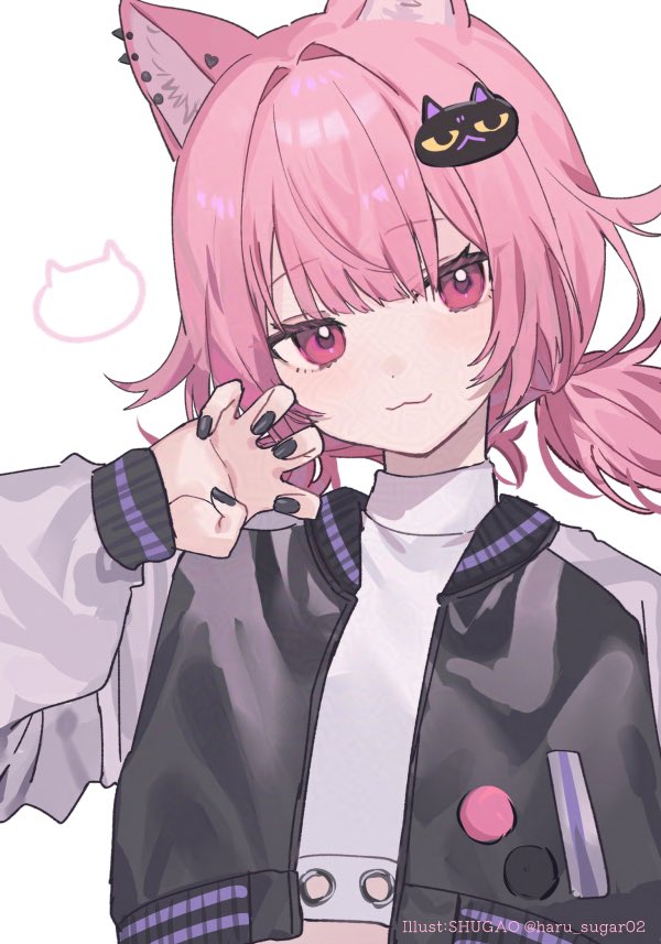 1girl :3 animal_ear_fluff animal_ear_piercing animal_ears artist_name black_nails cat_ears cat_hair_ornament claw_pose closed_mouth commentary_request fingernails hair_ornament head_tilt jacket letterman_jacket long_sleeves looking_at_viewer low_side_ponytail medium_hair multicolored_jacket nail_polish open_clothes open_jacket original pink_eyes pink_hair shirt shugao simple_background smile solo turtleneck turtleneck_shirt twitter_username upper_body white_background