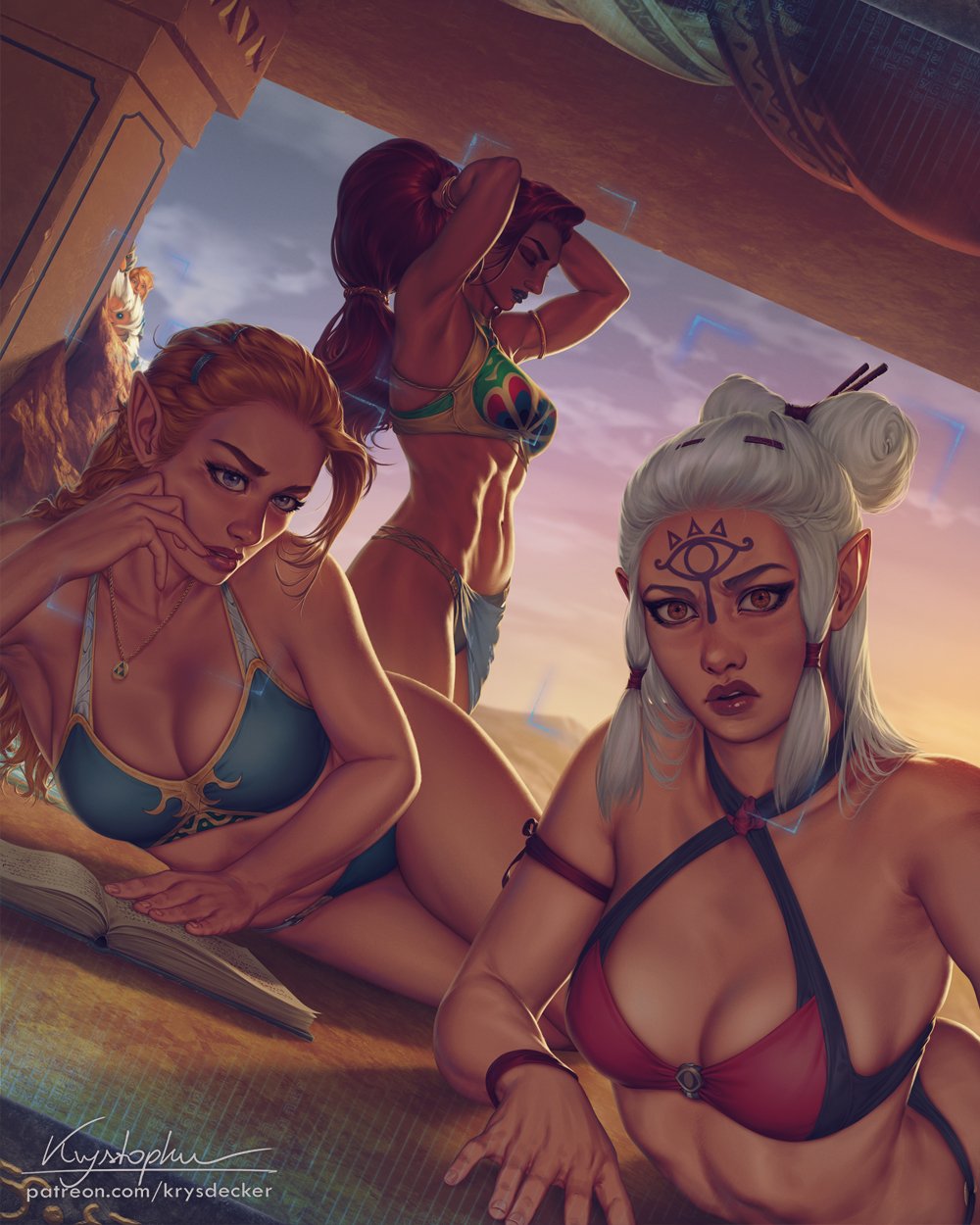 3girls abs artist_name blonde_hair blue_eyes breasts brown_eyes cleavage dark-skinned_female dark_skin daruk elf elf facial_mark forehead_mark gerudo highres hyrule_warriors:_age_of_calamity impa krystopher_decker long_hair looking_at_viewer medium_breasts multiple_girls muscular muscular_female nintendo nude patreon_username pointy_ears princess_zelda red_hair signature staring the_legend_of_zelda the_legend_of_zelda:_breath_of_the_wild urbosa watermark web_address white_hair
