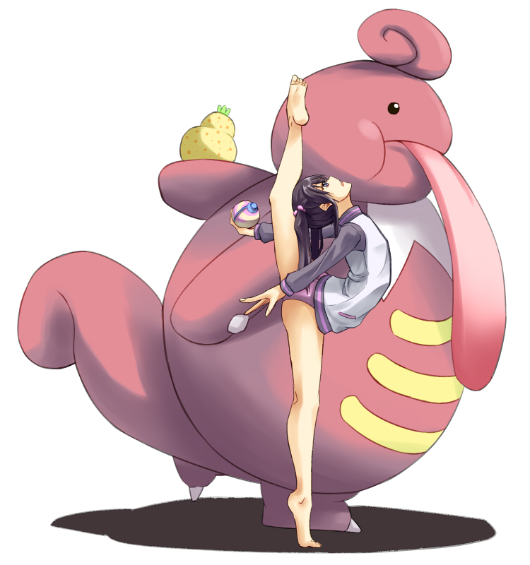 1girl arched_back barefoot berry_(pokemon) black_hair crossover flexible food from_side fruit gen_4_pokemon gymnastics hair_bobbles hair_ornament hayashi_ekyuu heal_ball jacket lickilicky long_sleeves nintendo open_mouth photokano plantar_flexion poke_ball pokemon pokemon_(creature) rhythmic_gymnastics sakura_mai_(photokano) school_uniform sitrus_berry split standing standing_on_one_leg standing_split tongue tsukune twintails white_background