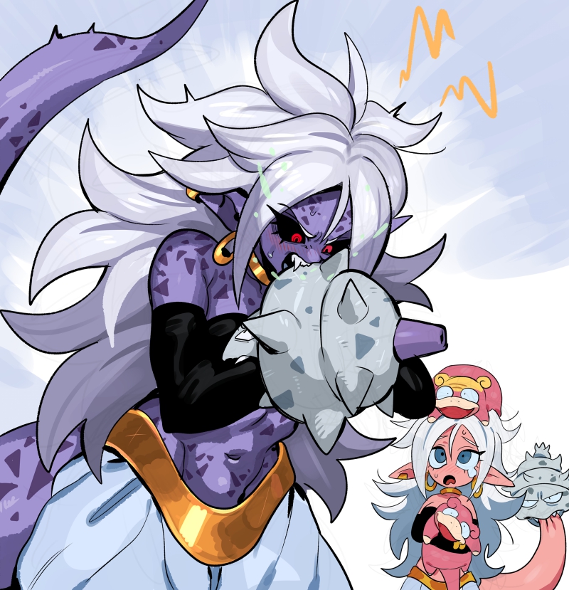 2girls alternate_form android_21 angry biting biting_another&#039;s_tail black_nails blue_eyes blush breasts color_connection colored_skin commentary_request crossover dragon_ball dragon_ball_fighterz earrings fangs galarian_form galarian_slowbro galarian_slowpoke game_freak gen_1_pokemon gen_8_pokemon gold_earrings holding hoop_earrings injury jewelry large_breasts long_hair majin_android_21 multiple_girls multiple_others nanika_(nnkgh) nintendo pain pink_skin pokemon sharp_teeth simple_background slowbro slowpoke sweat tail tears teeth very_long_hair white_hair
