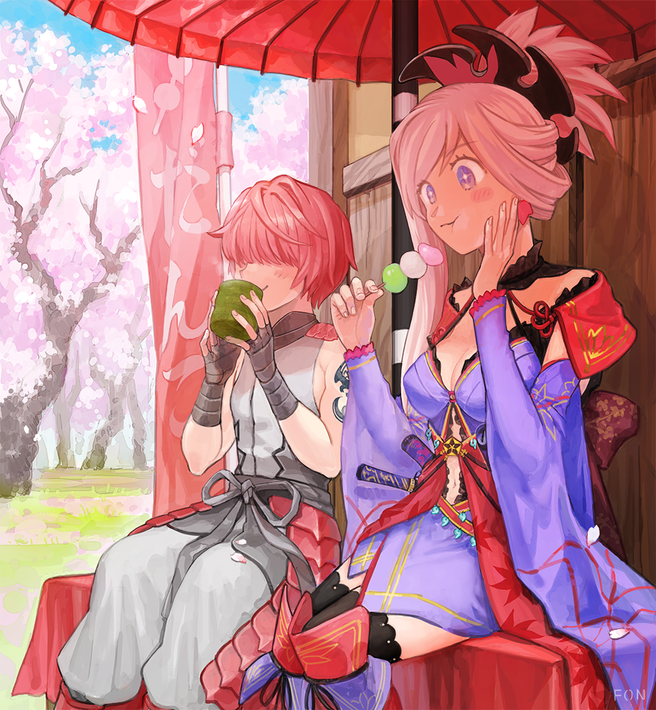 1boy 1girl banner breasts cherry_blossoms chewing cleavage cup dango drinking eating eyelashes fate/grand_order fate_(series) fon-due_(fonfon) food fuuma_kotarou_(fate) grey_pants grey_shirt hair_over_eyes holding holding_cup japanese_clothes kimono medium_breasts miyamoto_musashi_(fate) miyamoto_musashi_(third_ascension)_(fate) oil-paper_umbrella pants pink_hair purple_eyes purple_kimono shirt shoulder_tattoo sitting smile spring_(season) sword tattoo umbrella wagashi weapon yunomi