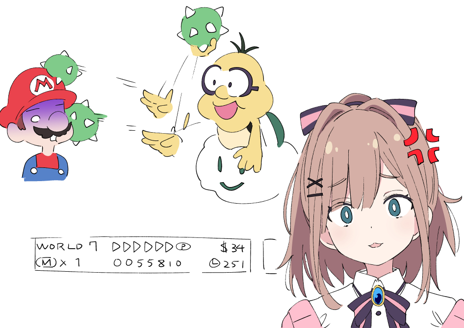 1boy 1girl anger_vein blue_eyes bow brown_hair hair_bow hair_ornament ixy lakitu looking_at_viewer mario mario_(series) nijisanji nintendo short_hair simple_background spiny_egg suzuhara_lulu upper_body virtual_youtuber white_background x_hair_ornament