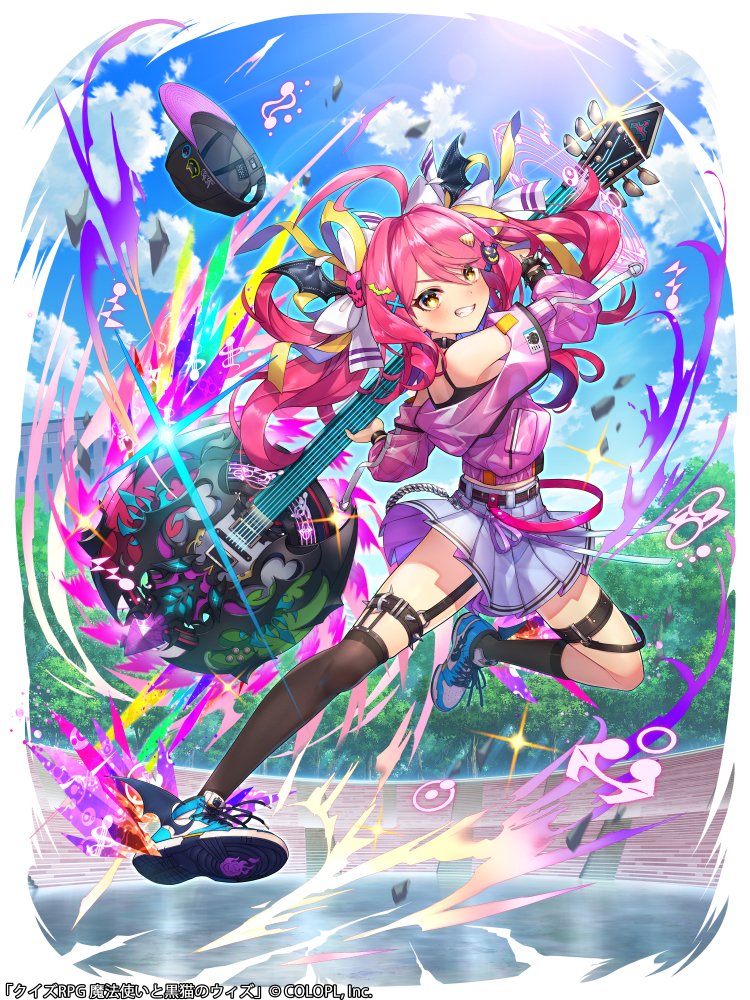 1girl asymmetrical_legwear blue_sky circular_saw copyright_name dygy electric_guitar foot_up full_body grin guitar holding holding_weapon instrument jacket jumping kneehighs kt._(kaisou-notagui) long_hair mahou_tsukai_to_kuroneko_no_wiz miniskirt off_shoulder official_art over-kneehighs pink_hair saw shoes single_kneehigh single_over-kneehigh single_sock single_thighhigh skirt sky smile sneakers socks solo swinging_weapon thighhighs tree weapon wristband yellow_eyes