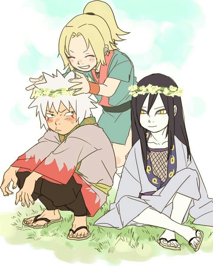 1girl aged_down annoyed arms_up black_hair blonde_hair blush cloud cloudy_sky crossed_legs eyeliner facial_mark grass grin hair_tied_up head_wreath japanese_clothes jiraiya_(naruto) kimono kutuyatti light_smile long_hair looking_at_another makeup multiple_boys naruto_(series) naruto_shippuuden on_ground orochimaru_(naruto) pale_skin ponytail pout sandals sky slit_pupils smile spiked_hair squatting sweatdrop tsunade_(naruto) white_hair yellow_eyes