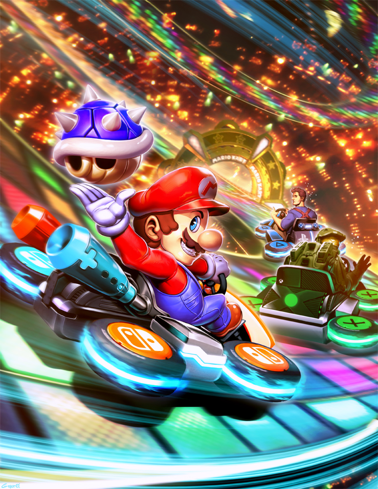 3boys armor blue_eyes blue_shell_(mario) brown_hair crossover facial_hair genzoman grin halo_(game) halo_(series) hat helmet kart male_focus mario mario_(series) mario_kart mario_kart_64 mario_kart_8 master_chief multiple_boys multiple_crossover mustache nathan_drake nintendo nintendo_switch short_hair smile sony super_smash_bros. uncharted