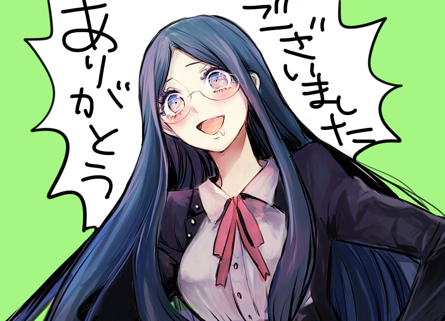 1girl black_corset black_jacket blazer blue_eyes blue_hair buttons collared_jacket collared_shirt commentary_request corset danganronpa_(series) danganronpa_v3:_killing_harmony dress_shirt drooling excited eyelashes glasses gradient_eyes green_background hands_on_own_hips jacket lapels light_blush long_hair long_sidelocks lovi_(momoko37) multicolored_eyes neck_ribbon notched_lapels open_clothes open_jacket open_mouth orange_ribbon purple_eyes ribbon round_eyewear shirogane_tsumugi shirt sidelocks simple_background smile solo speech_bubble straight_hair teeth translated upper_body upper_teeth_only very_long_hair white_shirt