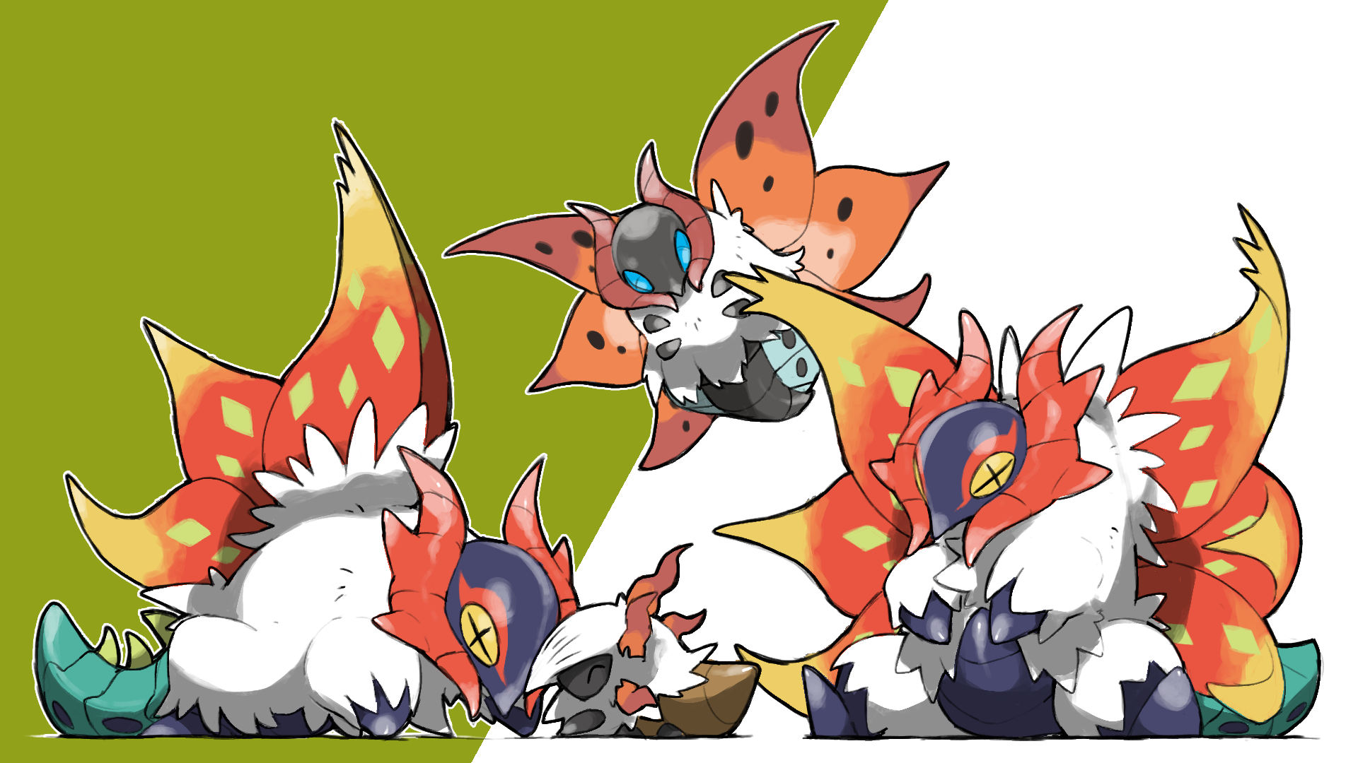 animal_focus blacknirrow bug closed_eyes creatures_(company) evolutionary_line flying game_freak gen_5_pokemon green_background highres insect_wings larvesta nintendo no_humans outline pokemon pokemon_(creature) pokemon_focus simple_background slither_wing two-tone_background volcarona white_background white_outline wings