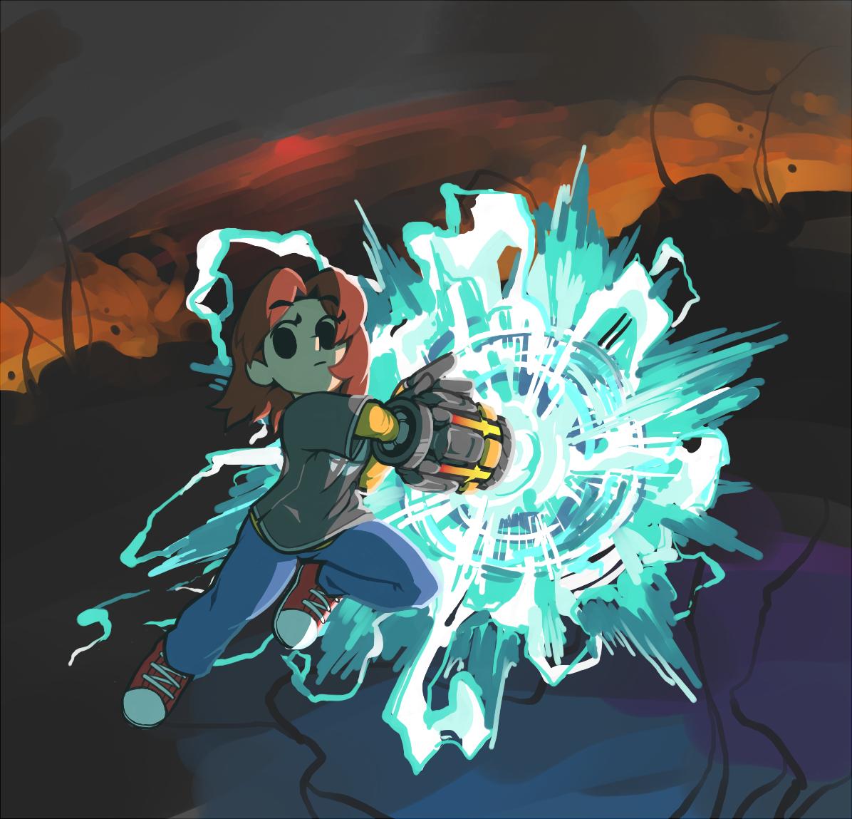 1girl black_eyes blue_pants denim electricity final_destination_(smash_bros) fire full_body gummuru jeans looking_at_viewer mechanical_arms medium_hair mii_(nintendo) mii_gunner mii_gunner_(smash_4) nintendo pants red_hair red_shoes shirt shoes short_hair single_mechanical_arm sneakers solo super_smash_bros. t-shirt weapon
