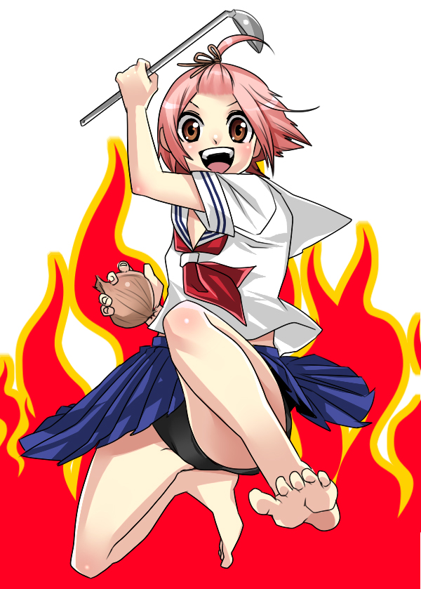 00s 1girl bad_id bad_pixiv_id barefoot blush brown_eyes feet female_focus fire forehead high_ponytail kuzuryuu_momoko ladle makuro onion pink_hair ponytail school_uniform serafuku short_hair skirt soles solo sumomomo_momomo toes topknot