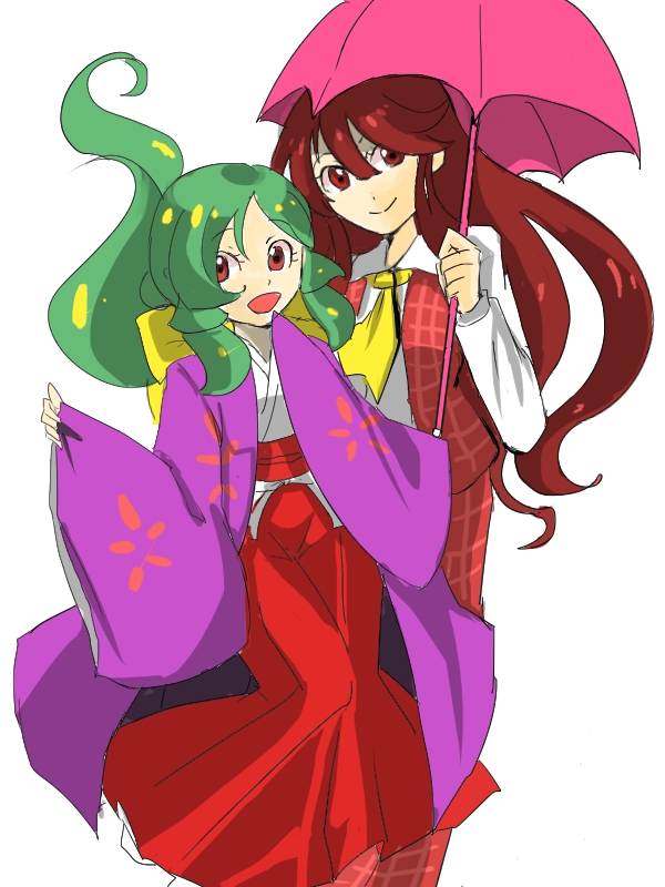 2girls bow cosplay costume_switch green_hair hair_bow hakama hakama_skirt japanese_clothes kazami_yuuka kazami_yuuka_(cosplay) kimono kotohime_(cosplay) kotohime_(touhou) long_hair maro4 multiple_girls pants plaid_clothes plaid_pants plaid_vest red_eyes red_hair shirt skirt touhou touhou_(pc-98) umbrella vest