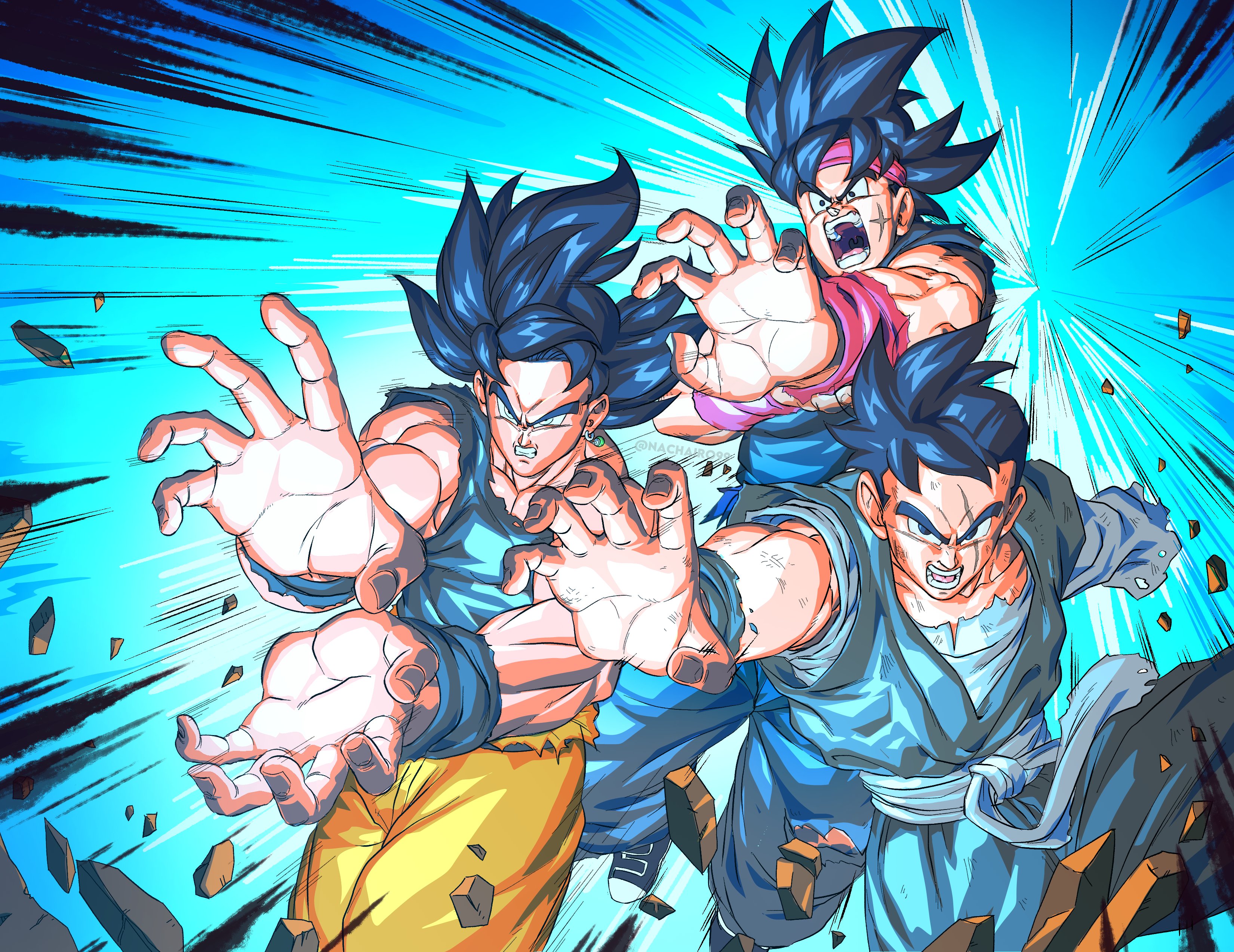 absurdres bardock black_eyes black_hair blue_background energy family_kamehameha father-son_kamehameha father_and_son grandfather_and_grandson highres kamehameha_(dragon_ball) looking_at_viewer nachairo scar scar_across_eye scar_on_face scratches screaming son_gohan_(future) son_goku super_dragon_ball_heroes tagme torn_clothes ultra_instinct