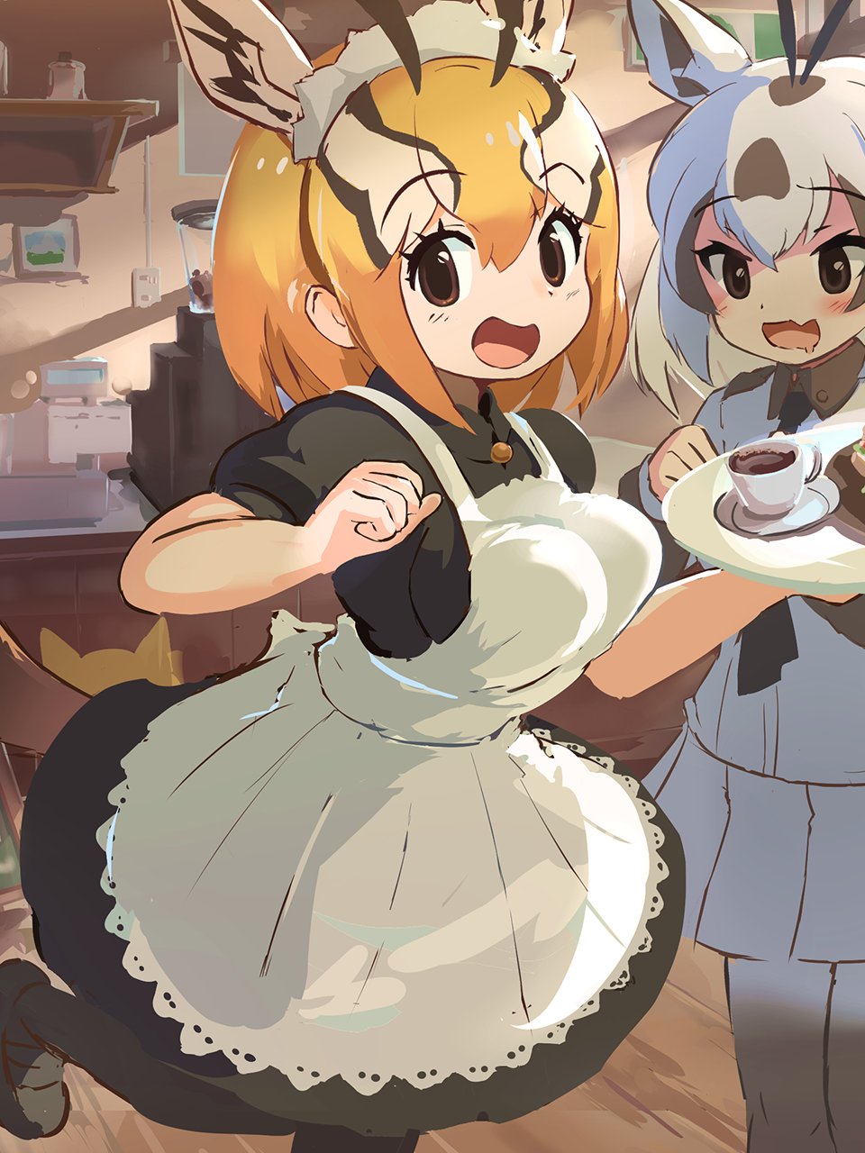 2girls alternate_costume animal_ears antelope_ears antelope_horns apron arabian_oryx_(kemono_friends) black_dress black_pantyhose blonde_hair blush brown_eyes brown_hair brown_necktie brown_pantyhose coffee collared_dress collared_shirt dress enmaided extra_ears frilled_apron frills gazelle_ears gazelle_horns gazelle_tail hair_between_eyes highres kemono_friends koutsuu_(koutuukanseikan) long_sleeves looking_at_viewer maid maid_apron maid_headdress multicolored_hair multiple_girls necktie pantyhose pleated_skirt puffy_short_sleeves puffy_sleeves shirt short_sleeves sidelocks skirt standing standing_on_one_leg thomson&#039;s_gazelle_(kemono_friends) tray two-tone_hair white_apron white_hair white_shirt white_skirt