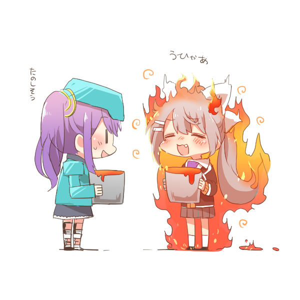 2girls :d armor black_footwear black_jacket blazer blush_stickers brown_cardigan bucket burning cardigan closed_eyes collared_shirt commentary_request fang fire grey_hair grey_skirt hair_ornament hair_ribbon hairclip higuchi_kaede higuchi_kaede_(1st_costume) holding holding_bucket jacket lava long_hair minecraft multiple_girls necktie nijisanji open_mouth pleated_skirt ponytail profile purple_hair purple_necktie rebecca_(keinelove) ribbon sakura_ritsuki school_uniform shirt shoes side_ponytail simple_background skirt smile socks standing translation_request very_long_hair virtual_youtuber white_background white_ribbon white_shirt white_socks |_|