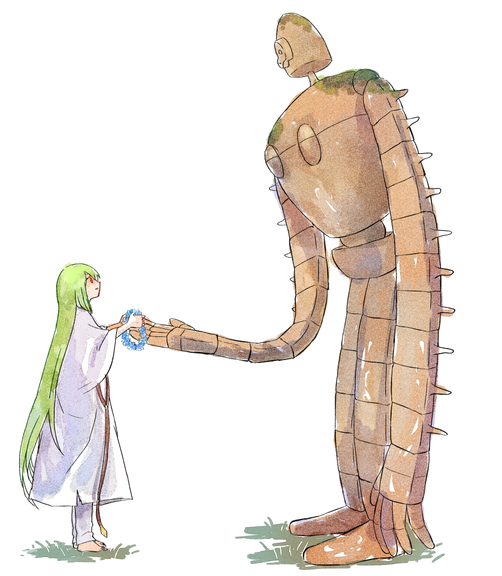 2others androgynous barefoot commentary_request crossover enkidu_(fate) fate/strange_fake fate_(series) grass green_hair himeko_(nico6v6pachi) holding holding_wreath laputa_robot long_hair multiple_others pants robe robot size_difference tenkuu_no_shiro_laputa very_long_hair white_pants white_robe