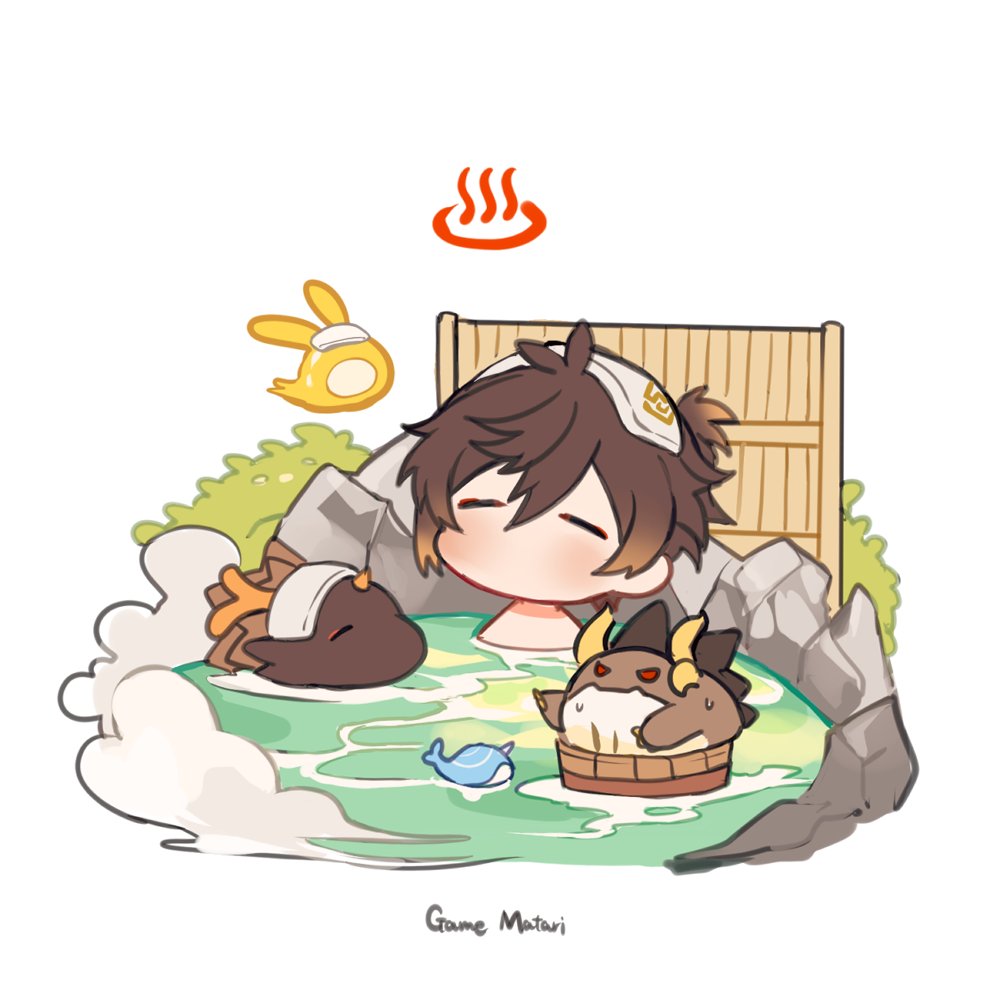 1boy animalization antenna_hair azhdaha_(genshin_impact) bath border0715 brown_hair bush closed_eyes fence folded_ponytail genshin_impact hotsprings long_hair narwhal ofuro onsen onsen_symbol person_and_animalization rex_lapis_(genshin_impact) seelie_(genshin_impact) stone sweat towel towel_on_head wooden_fence zhongli_(genshin_impact)