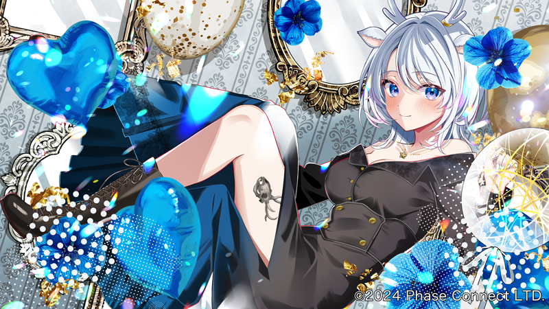 animal_ears antlers balloon black_boots black_dress blue_eyes blue_flower boots breasts buttons cleavage closed_mouth copyright_notice cross-laced_footwear deer_antlers deer_ears deer_girl dress flower grey_hair hakushika_iori heart_balloon horns jewelry leg_tattoo mirror motsunuki necklace off-shoulder_dress off_shoulder phase_connect smile star_(symbol) star_necklace tattoo virtual_youtuber