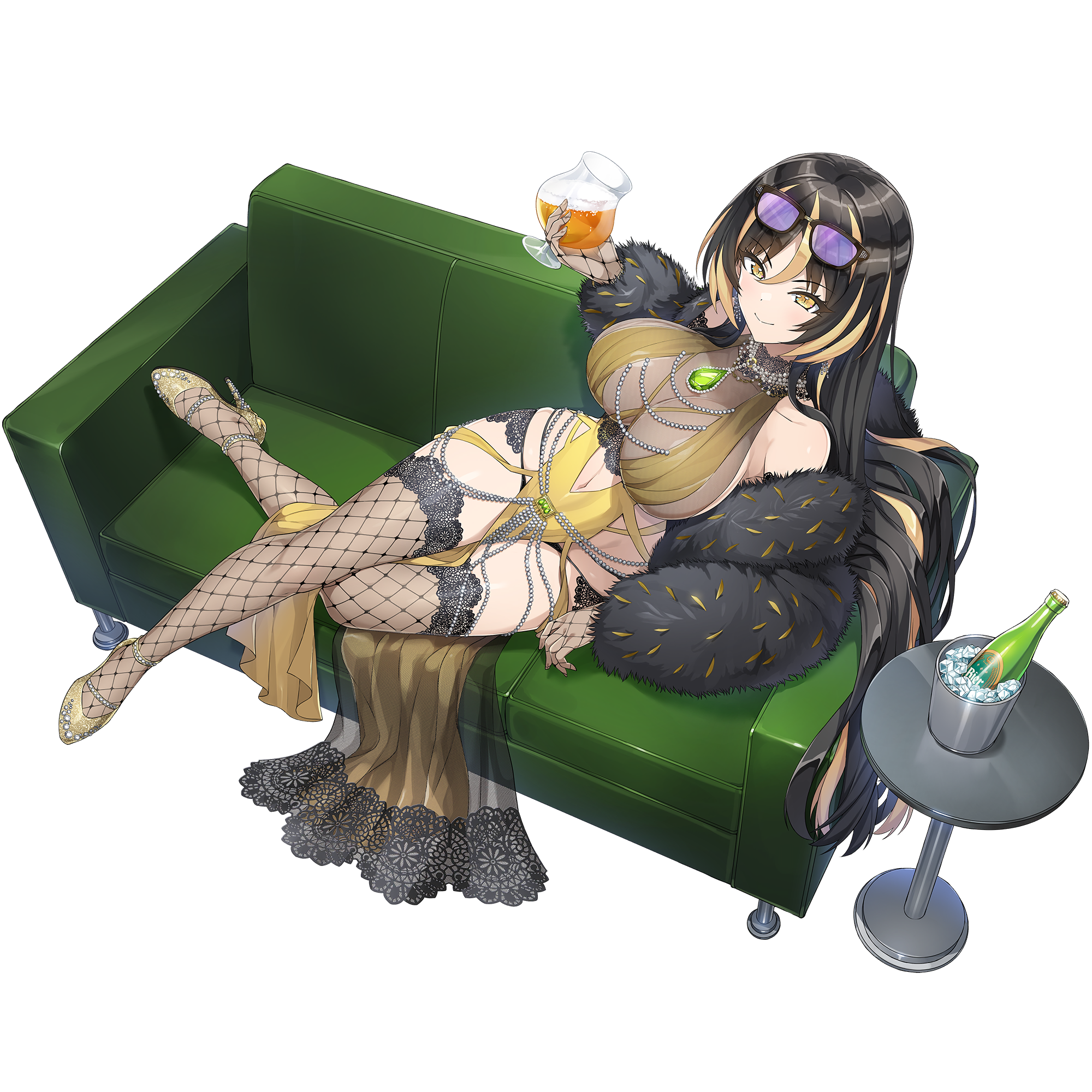 1girl alcohol amadea_wolfa black_hair blonde_hair blonde_streaks champagne_bottle cleavage_cutout closed_mouth clothing_cutout coat couch cup dolphin_wave dress eyewear_on_head fishnet_thighhighs fishnets fur_coat game_cg garter_belt garter_straps high_heels highres holding holding_cup jewelry looking_at_viewer multicolored_hair navel navel_cutout necklace non-web_source official_art on_couch ootomo_takuji pumps see-through_clothes see-through_shirt shirt shoes skindentation smile solo stiletto_heels streaked_hair thighhighs transparent_background yellow_dress yellow_eyes
