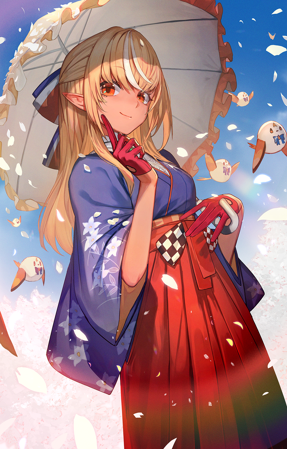 1girl blonde_hair blue_kimono closed_mouth dark-skinned_female dark_skin elf elfriend_(shiranui_flare) falling_petals floral_print frilled_umbrella frills gloves hakama hakama_skirt highres holding holding_umbrella hololive japanese_clothes kimono lack long_hair looking_at_viewer multicolored_hair orange_eyes petals pointy_ears print_kimono red_gloves shiranui_flare shiranui_flare_(new_year) skirt solo streaked_hair umbrella virtual_youtuber white_hair
