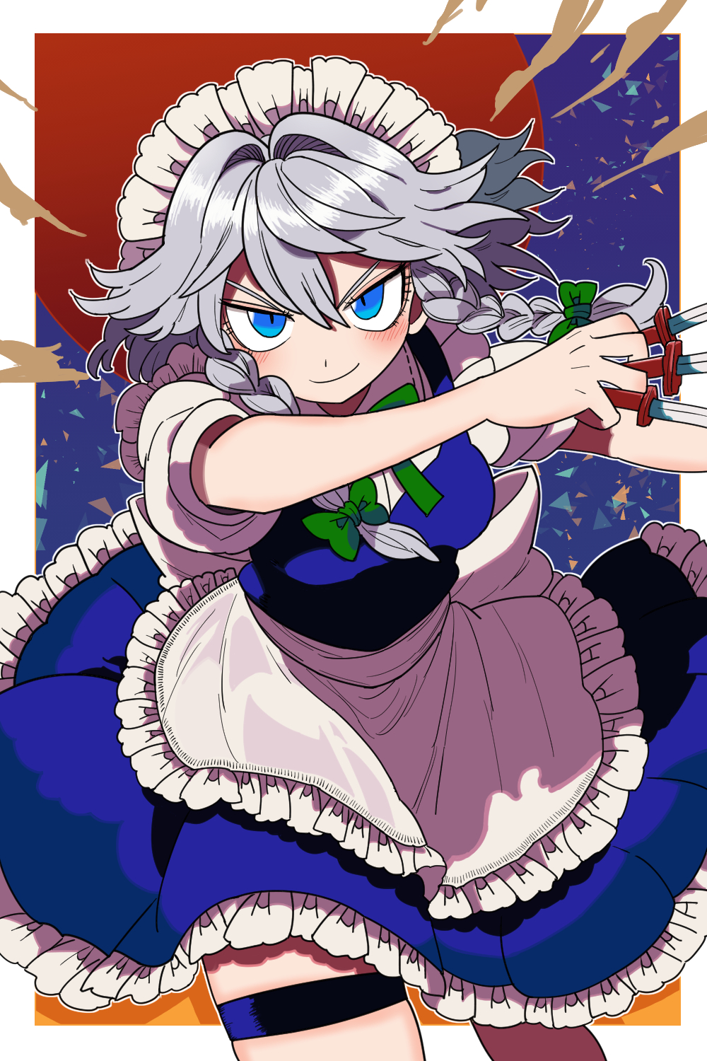 1girl apron between_fingers blue_eyes blue_vest blush bollzzalguy bow braid breasts closed_mouth frilled_apron frills green_bow grey_hair hair_bow highres holding holding_knife izayoi_sakuya knife knives_between_fingers long_hair looking_at_viewer maid_apron maid_headdress medium_breasts moon puffy_short_sleeves puffy_sleeves reaching reaching_towards_viewer red_moon shattered short_sleeves simple_background smile solo thigh_strap touhou twin_braids vest