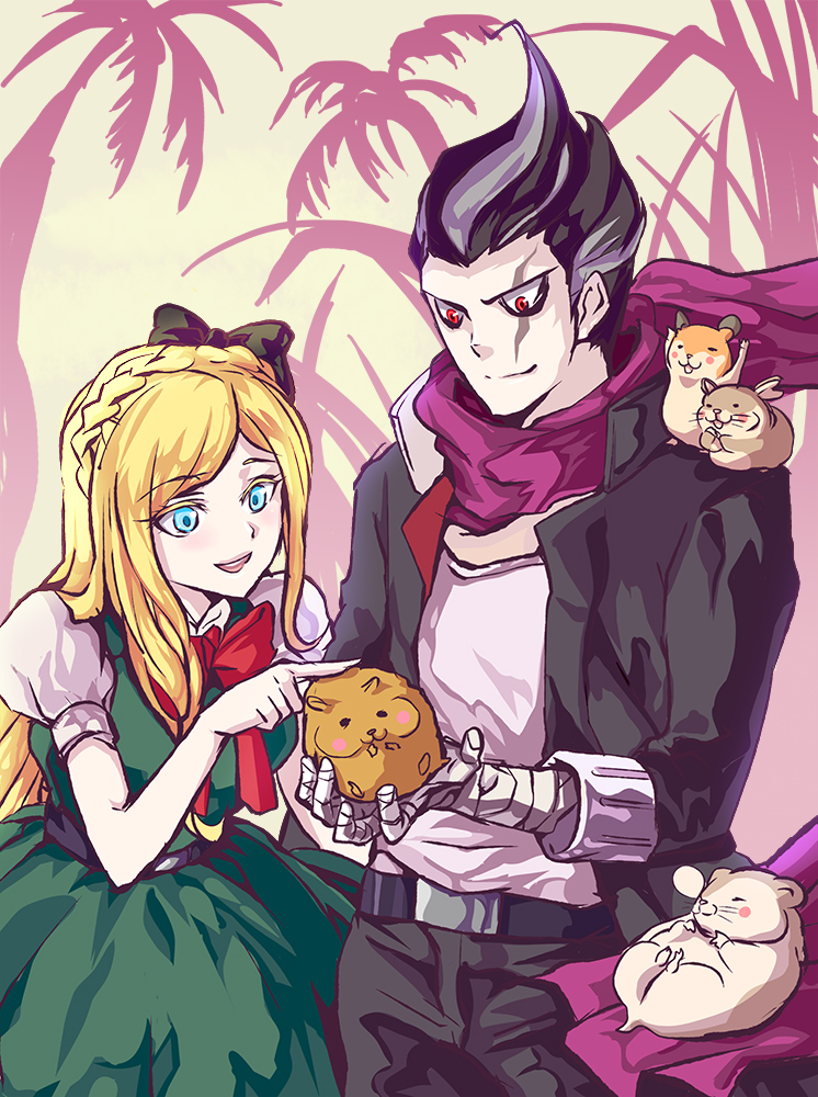 1boy 1girl animal animal_on_shoulder bandages black_hair black_jacket blonde_hair blue_eyes bow braid cham-p danganronpa_(series) danganronpa_2:_goodbye_despair grey_hair hair_bow hamster holding holding_animal jacket jum-p long_hair maga-g michel multicolored_hair open_mouth palm_tree red_eyes scarf shirt short_hair smile sonia_nevermind sun-d tanaka_gundham teeth tree two-tone_hair