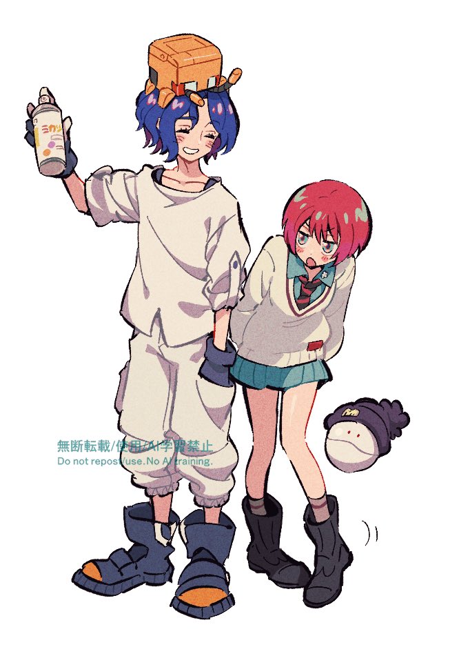 1boy 1girl 365drawing amate_yuzuriha aqua_eyes aqua_shirt aqua_skirt beanie black_hat blue_hair blush closed_eyes collared_shirt colored_inner_hair commentary conch_(gundam) english_text gloves gundam gundam_gquuuuuux haro hat holding holding_spray_can long_sleeves mixed-language_text multicolored_hair non-humanoid_robot open_mouth purple_hair red_hair robot school_uniform shirt short_hair shuji_ito simple_background skirt spray_can spray_paint sweater two-tone_hair white_background white_shirt