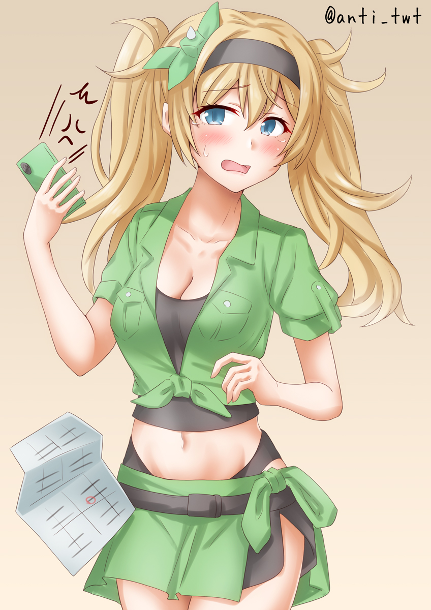 1girl anti_(untea9) bikini blonde_hair blue_eyes breasts cellphone cleavage collarbone collared_shirt cowboy_shot food full_body gambier_bay_(kancolle) gambier_bay_(summer)_(kancolle) gambier_bay_mk_ii_(kancolle) gradient_background green_shirt green_skirt hair_between_eyes hairband highres kantai_collection long_hair medium_breasts midriff navel notes official_alternate_costume open_mouth phone shirt short_sleeves shorts skirt smartphone smile solo swimsuit twintails twitter_username yellow_background