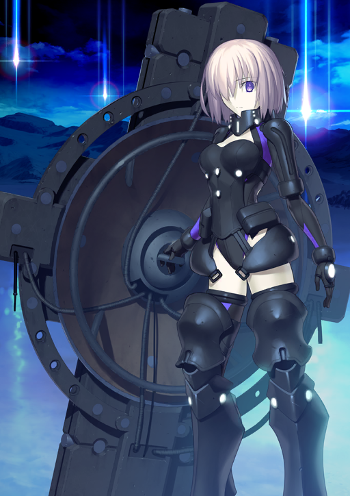 1girl armor armored_boots armored_leotard black_armor black_boots black_gloves black_leotard black_thighhighs blue_background boots breasts closed_mouth expressionless fate/grand_order fate_(series) feet_out_of_frame gloves gorget hair_over_one_eye holding holding_shield legs_apart leotard looking_at_viewer mash_kyrielight mash_kyrielight_(ortenaus) mold_camelot mountainous_horizon night official_art one_eye_covered outdoors pink_hair purple_eyes science_fiction shield short_hair sky solo standing takeuchi_takashi thigh_boots thighhighs third-party_source