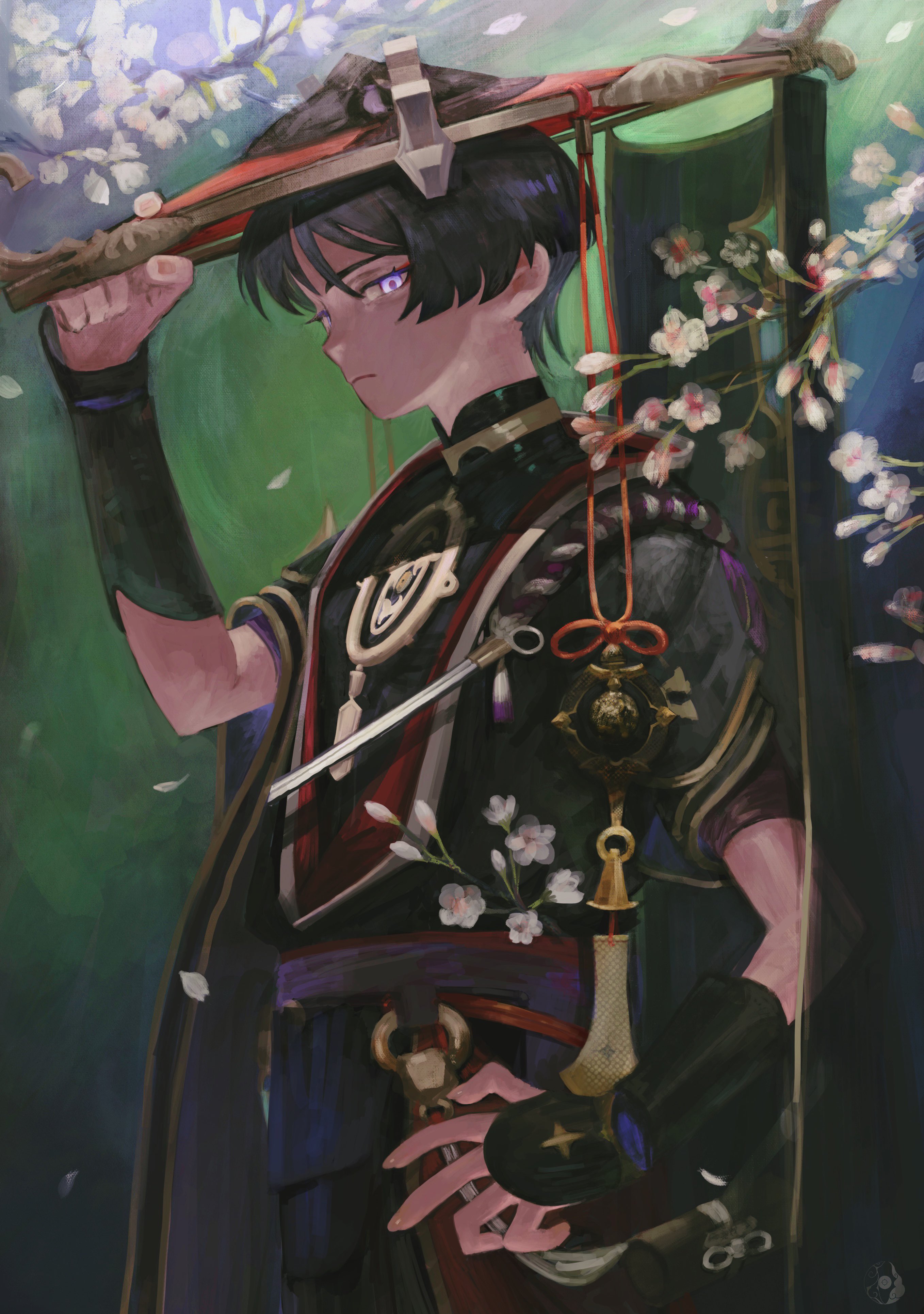 1boy absurdres armor black_bodysuit black_hair black_kimono black_sleeves black_veil blunt_ends bodysuit falling_petals flower genshin_impact gold hand_up hat highres holding holding_unworn_clothes holding_unworn_hat japanese_armor japanese_clothes jewelry jingasa kimono kote kurokote layered_sleeves looking_at_viewer male_focus mandarin_collar mask mask_on_hat mitsudomoe_(shape) neck_ring o-ring open_clothes open_hand open_kimono parted_bangs petals pink_eyes plant purple_rope purple_sash purple_sleeves red_hat red_sash red_trim rope sash scaramouche_(genshin_impact) shimenawa short_sleeves solo tomoe_(symbol) unworn_hat unworn_headwear veil white_flower white_rope white_trim wide_sleeves yomotobi