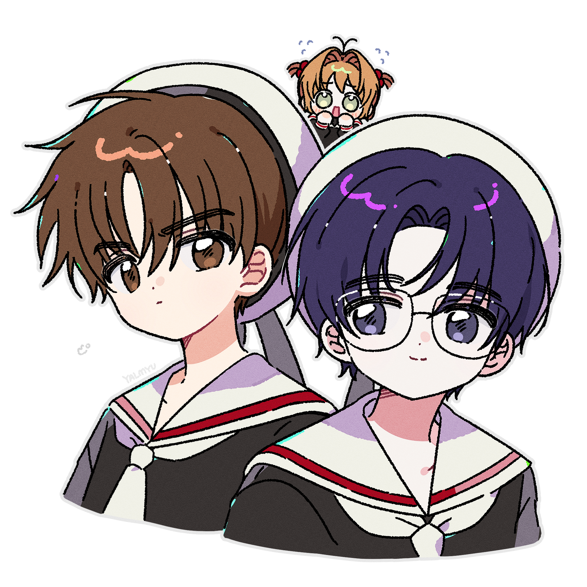 1girl 2boys artist_name black_shirt blush brown_eyes brown_hair cardcaptor_sakura closed_mouth cropped_shoulders flying_sweatdrops glasses green_eyes grey_outline hair_bobbles hair_ornament highres hiiragizawa_eriol kinomoto_sakura li_syaoran male_focus multiple_boys necktie open_mouth outline parted_bangs purple_eyes purple_hair sailor_collar school_uniform serafuku shirt short_hair simple_background smile two_side_up white_background white_necktie white_sailor_collar yalmyu