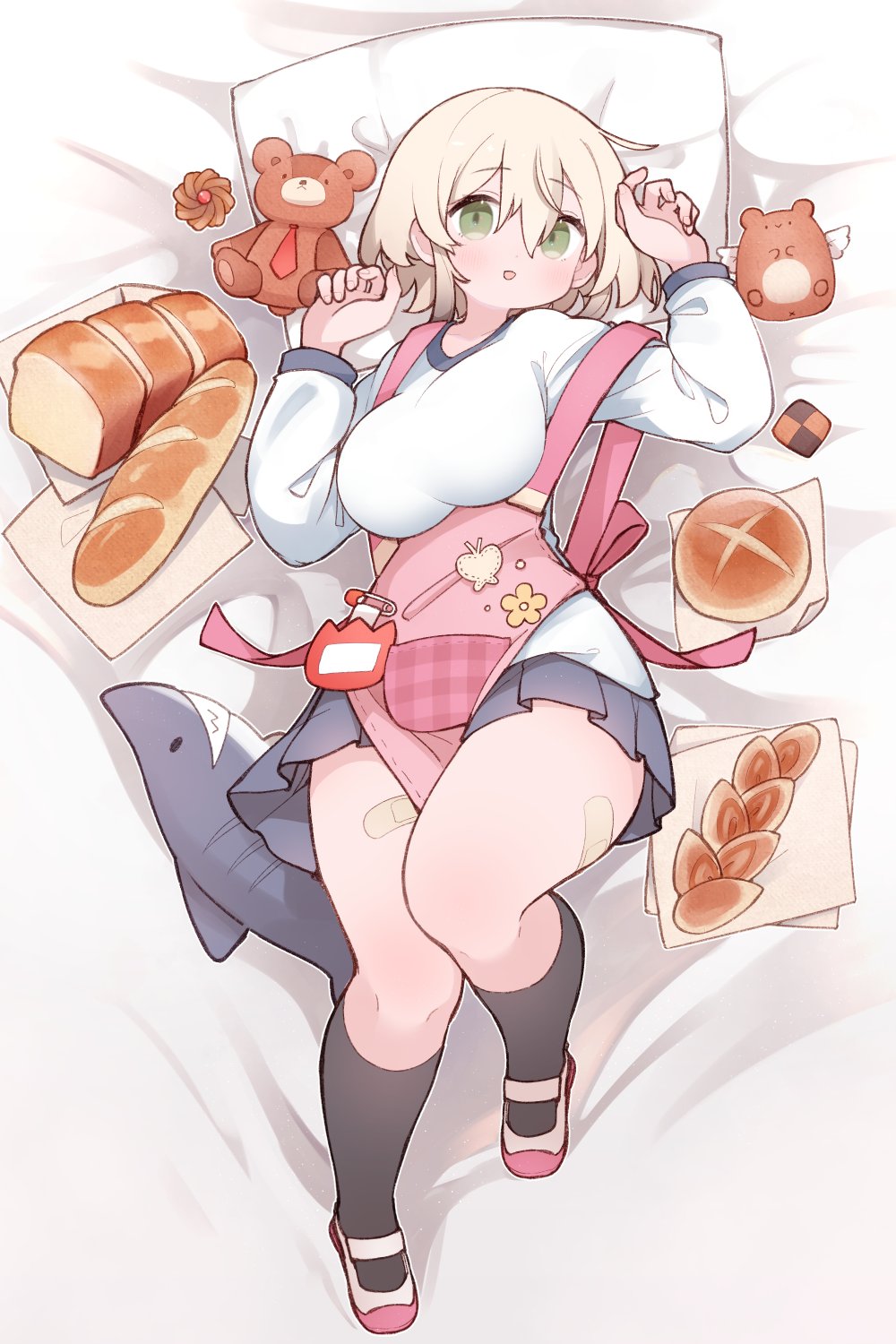 1girl ahoge apron bag baguette blonde_hair blush bread breasts checkerboard_cookie commission cookie food green_eyes grey_skirt head_on_pillow highres kinakomoti kindergarten_teacher large_breasts loaf_of_bread long_sleeves looking_at_viewer lying on_back on_bed open_mouth ore_wo_dame_ni_suru_yuki-chan_sensei paper_bag pillow pink_apron pleated_skirt short_hair skeb_commission skirt smile stuffed_animal stuffed_toy teddy_bear thighhighs yuki_(doku_denpa)