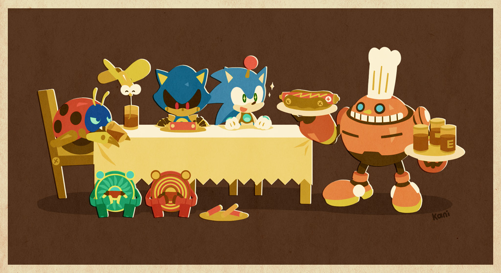 +_+ 3boys :d aqua_eyes artist_name battery border brown_background butterdroid chair chef_hat cup drinking egg_flame egg_pawn egg_pawn_(colors) egg_typhoon_(unleashed) fake_food food full_body happy hat holding holding_plate hot_dog humanoid_robot kekani looking_at_another metal_sonic moto_bug multiple_boys no_mouth non-humanoid_robot open_mouth plate robot signature simple_background sitting smile sonic_&amp;_knuckles sonic_(series) sonic_colors sonic_the_hedgehog_(classic) sonic_unleashed sparkle standing table tablecloth virtual_hedgehog