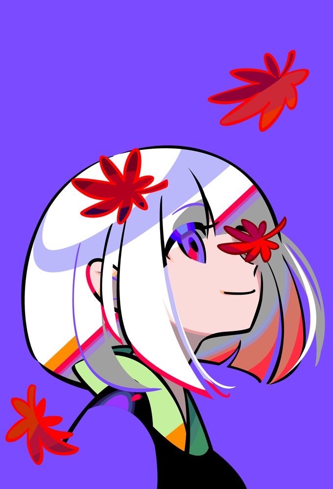 1girl falling_leaves katanagatari leaf looking_up maple_leaf portrait purple_background purple_eyes short_hair simple_background smile solo take_(takegarou) togame white_hair