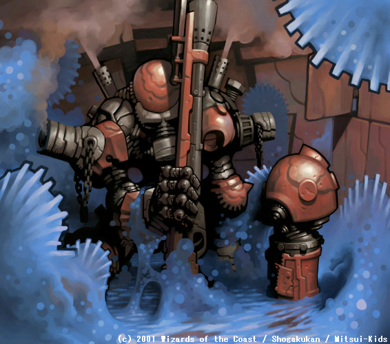 2001 character_request commentary_request copyright_notice copyright_request detached_legs fungi gun holding holding_gun holding_weapon indoors mecha no_humans restrained robot sitting solo steam weapon yamamoto_akifumi