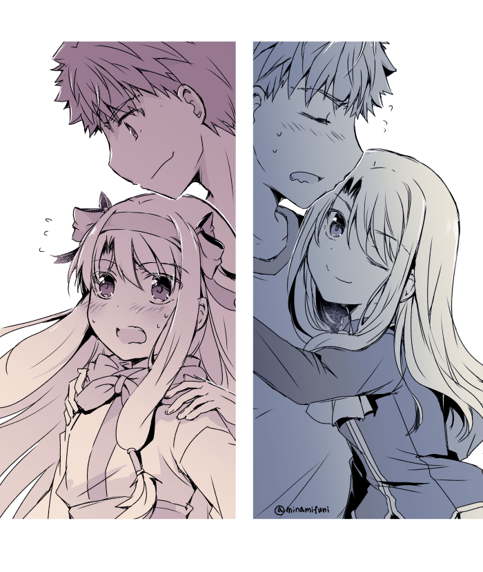 2boys 2girls ainu_clothes brother_and_sister commentary_request emiya_shirou fate/grand_order fate/stay_night fate_(series) flying_sweatdrops hairband illyasviel_von_einzbern limited_palette low-tied_sidelocks minafuni multiple_boys multiple_girls one_eye_closed open_mouth senji_muramasa_(fate) siblings sidelocks sitonai_(fate) smile step-siblings twitter_username wavy_mouth