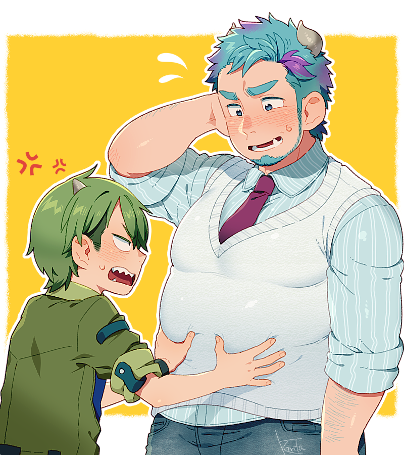 2boys anger_vein bara beard blue_hair blue_shirt border collared_shirt denim embarrassed facial_hair grabbing_another&#039;s_stomach green_hair green_shirt horns humanization james_p._sullivan jeans kiri_futoshi long_sideburns male_focus mike_wazowski monsters_inc. multiple_boys necktie open_mouth pants personification purple_necktie sharp_teeth shirt sideburns striped_clothes striped_shirt sweatdrop teeth vest white_border white_vest