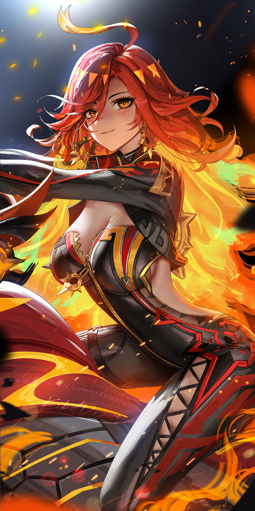 ahoge biker_clothes bikesuit black_bodysuit bodysuit breasts burning cleavage fiery_hair fire flamestrider_(genshin_impact) genshin_impact highres liang_xing mavuika_(genshin_impact) motor_vehicle orange_eyes riding sideways_glance zipper