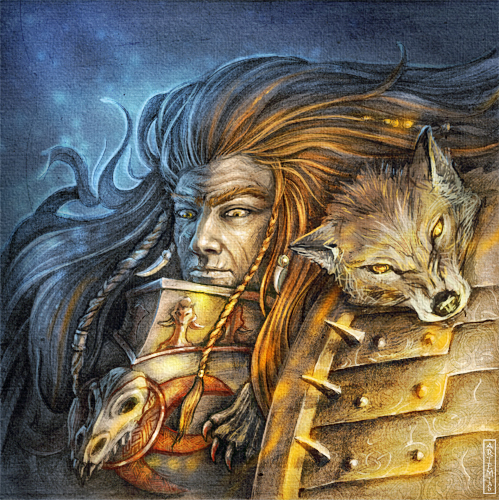 1boy animal_skull_ornament armor artist_name beard braid breastplate closed_mouth commentary english_commentary facial_hair grey_armor leman_russ long_hair lowres male_focus noldofinve pauldrons pelt power_armor primarch red_hair shoulder_armor signature solo space_wolves spiked_pauldrons the_armour_elavagar traditional_media upper_body warhammer_40k yellow_eyes