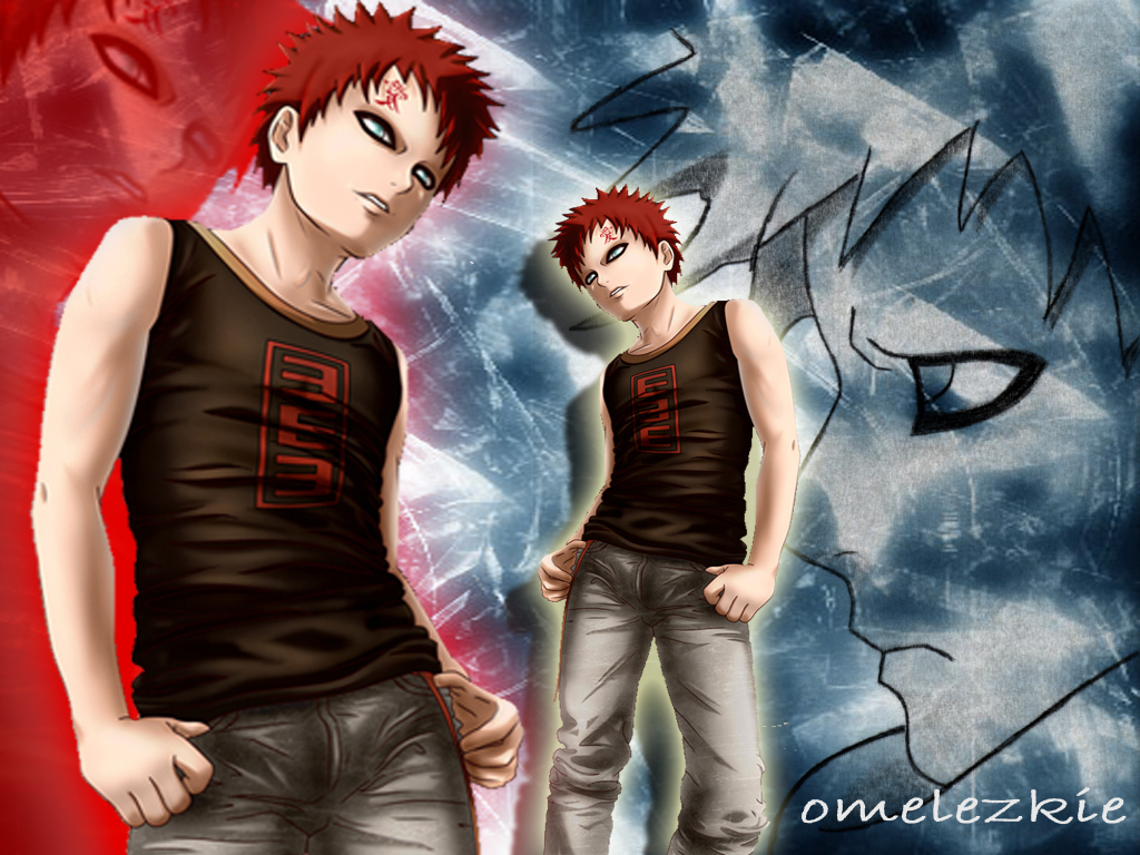 1boy alternate_costume artist_request denim eyeliner gaara_(naruto) green_eyes jeans makeup naruto_(classic) naruto_(series) omelezkie pants red_hair tank_top thumbs_in_pockets zoom_layer