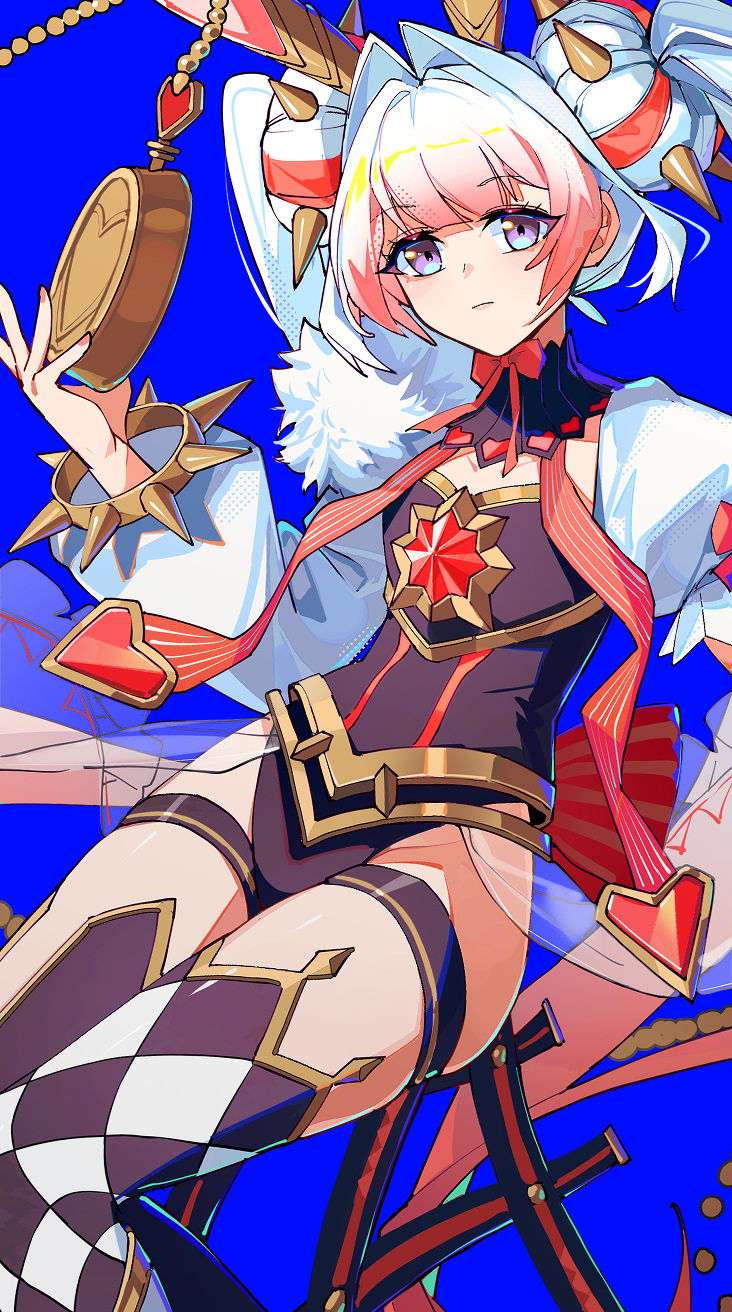 1girl animal_ears asymmetrical_clothes asymmetrical_legwear black_leotard blue_background breasts checkered_clothes checkered_legwear closed_mouth collarbone double_bun duel_monster hair_bun hairband highres leotard long_hair looking_at_viewer maliss_&lt;p&gt;_white_rabbit medium_breasts multicolored_hair pink_eyes pink_nails pocket_watch rabbit_ears rabbit_girl simple_background solo spiked_hairband spikes thigh_strap two-tone_hair watch yu-gi-oh! yukle